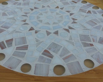 IN STOCK - 14" Lazy Susan - Mosaic Mandala Star - White and Bronze Tiles - Geometric Mosaic - Functional Art - Bamboo Trivet