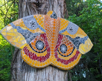 Mosaic Moth Hanging - 30" Concrete Art - Handmade Outdoor Decor - Garden Gift - OOAK - Concrete and Stained Glass