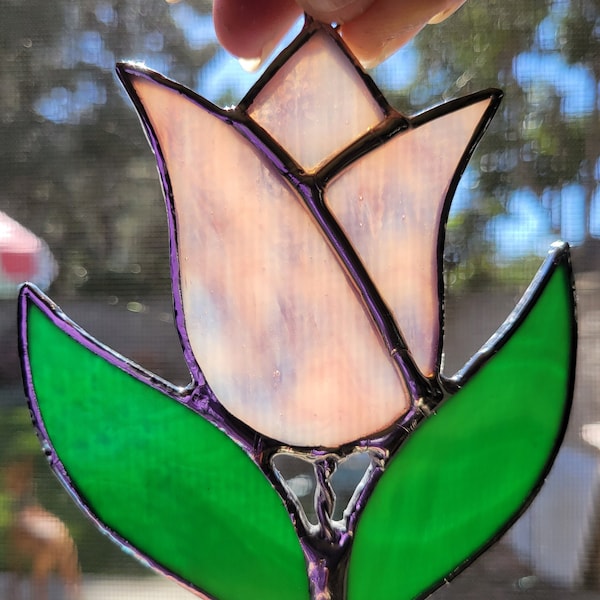 Small Pinkish Mauve Stained Glass Tulip Suncatcher Ornament