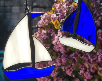 Set of 2 Cobalt Blue and White Sailboats Stained Glass Suncatchers