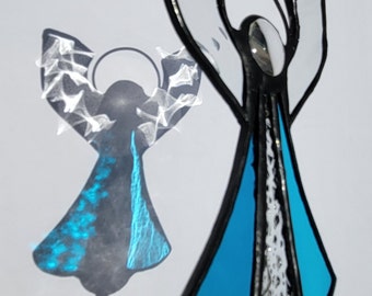Turquoise Blue Stained Glass Angel Plant Stake Suncatcher, Potted Plant Pal