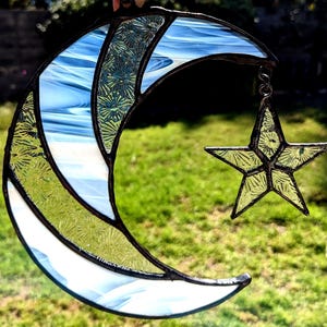 Wispy White and Starburst Clear Crescent Moon and Star Stained Glass Suncatcher