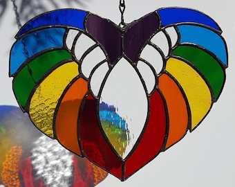 Rainbow Stained Glass Angel Wings Heart Suncatcher