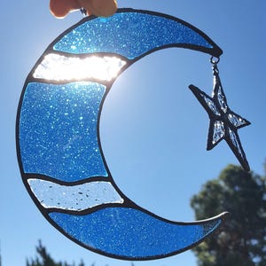 Denim Blue Crescent Moon and Star Stained Glass Suncatcher