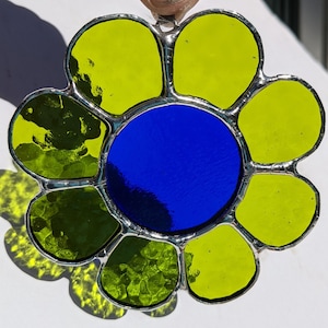 Chartreuse Yellow-Green and Cobalt Royal Blue Retro Groovy Hippie Sunflower Stained Glass Suncatcher