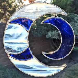 Wispy White and Blue Crescent Moon Reflections Stained Glass Suncatcher