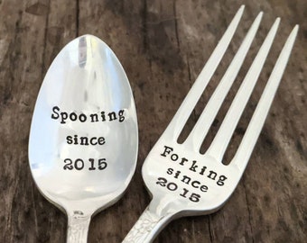 Silverware Set, Spooning Since, Forking Since, Hand Stamped Silver Plated Silverware Set, Custom Stamped, Anniversary Gift, Spoon and Fork