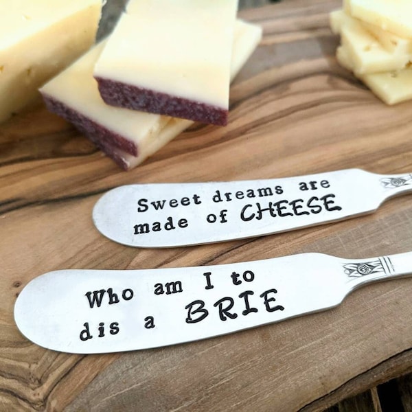 Cheese Knife Set, Hand Stamped Vintage Silver Plate Cheese Knives, Sweet Dreams Are Made of Cheese, Who Am I to Dis a Brie, Charcuterie Set
