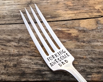 Forking Awesome Dad, Vintage Silver Plated Custom Stamped Fork, Dad's Fork, Personalized Fork, Christmas Gift for Dad, Funny Gift for Dad