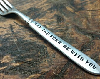 The Force Fork, Star Wars Inspired Hand Stamped Silver Plated Fork, May the Fork be with You, Secret Santa Gift, White Elephant Gift