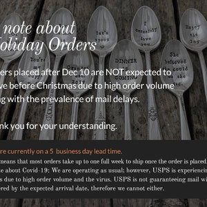 May include: A note about holiday orders with a message about delays due to high order volume and the prevalence of mail delays. The note states that orders placed after December 10th are not expected to arrive before Christmas. The note also states that they are currently on a 5 business day lead time.