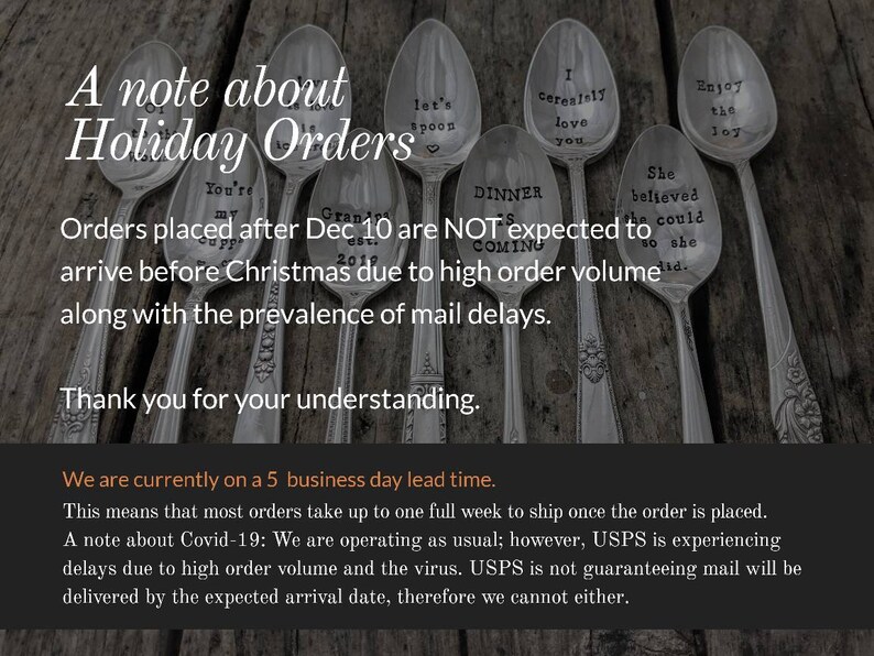 May include: A note about holiday orders with a message about delays due to high order volume and the prevalence of mail delays. The note states that orders placed after December 10th are not expected to arrive before Christmas. The note also states that they are currently on a 5 business day lead time.