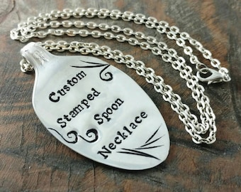 Custom Spoon Necklace, Hand Stamped, Silver Plated, Vintage Spoon Pendant, Personalized Quote Jewelry