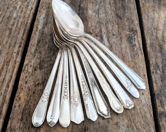 Set of 10 Mixed Pattern Vintage Teaspoons, Craft Grade, Silverplate Teaspoons, Mismatched Silverware, Ornate Handles with Flaws