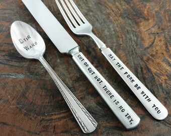 Star Wars, Hand Stamped Silverware Set, Fork, Knife, Spoon, Star Wars Kitchen,  May the Fork Be with You, Stir Wars