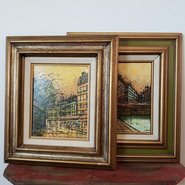 Set of Two Canvas Paintings Coordinating Original Oil Art Paris City European Scene Realism Signed by Artist Linen - Medium Size Wood Framed