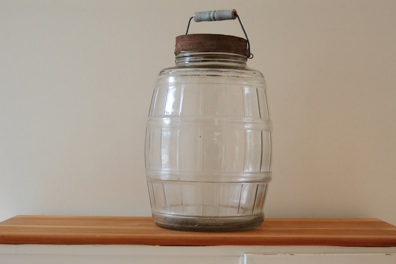 Antique Glass Barrel Jar with Wooden Handle and Original Lid Etsy