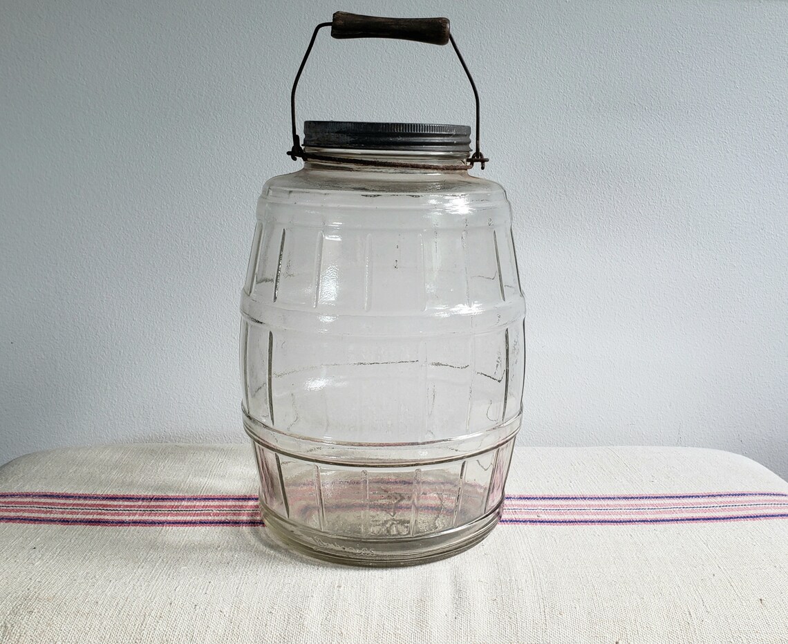 Antique Glass Barrel Jar with Wooden Handle and Original Lid Etsy