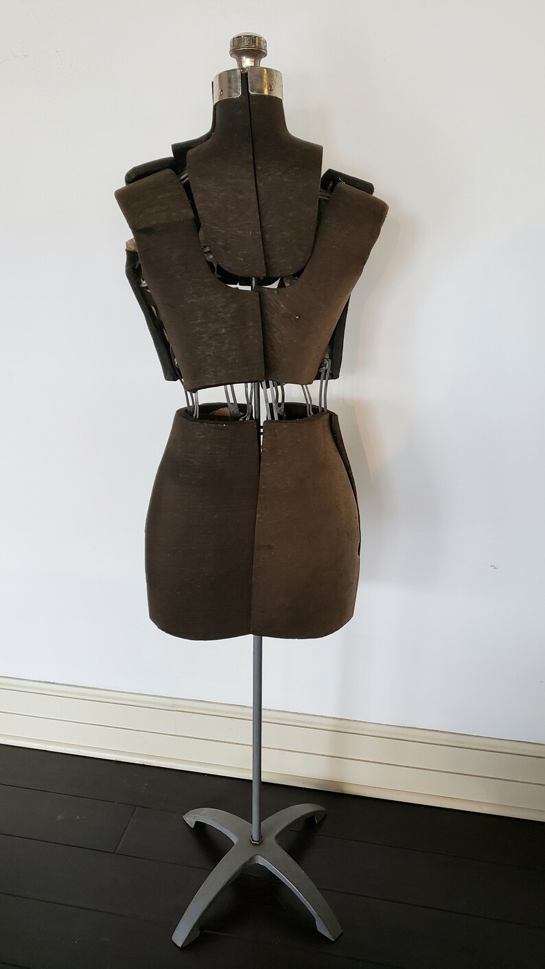 FREE SHIP Vintage Acme Mannequin Sewing Dress Form Adjustable Body Size A Primitive Chippy Rustic Tall Dark Knit with Metal Base