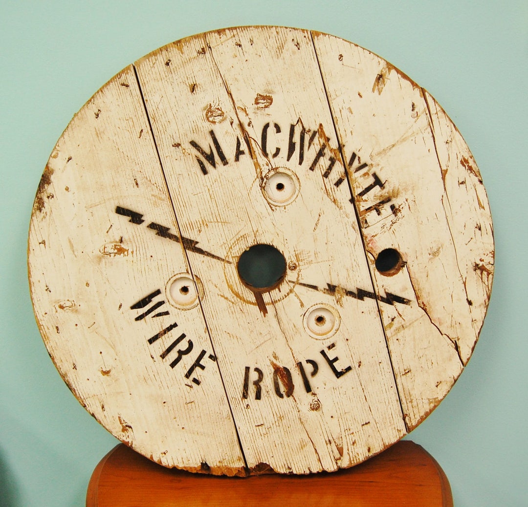 FREE SHIP Vintage Spool Sign 'macwhyte Wire Rope' Weathered White