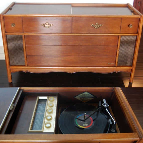 free ship magnavox mid century modern stereo console cabinet | etsy