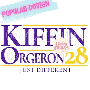 以下が含まれることがあります： 水色のブラシストロークの上にピンク色でPOPULAR DESIGNと書かれたグラフィックデザイン。その下に紫と黄色でKIFFIN ORGERON 28とあり、一番下に紫でJUST DIFFERENTと書かれている。円形のロゴにはGeez Louiseと記されている。