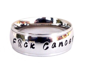F*ck Cancer Ring Inspirational Ring Stainless Steel Cancer Ribbon Design Cancer Awareness Cancer Survivor Jewelry