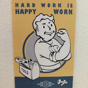 May include: A poster with a retro design featuring a muscular cartoon character flexing. The poster has the text "HARD WORK IS HAPPY WORK" in blue letters. A toolbox with the word "TOOLS" is also visible. The background is yellow and blue.