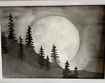May include: A watercolor painting of a full moon rising over a dark forest. The moon is a pale blue and white, and the trees are silhouetted against the sky.