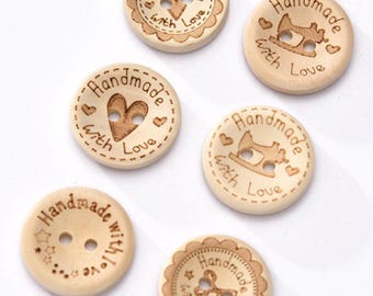 Wood Button with Love, Lovely Wood Button, Wooden Button, Button With Love, Laser Engrave Button,   Handmade with Love, Button with Scissors