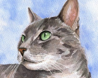 Tabby Cat Painting, Custom Cat Portrait, Original, Hand Painted, Watercolor Painting, Cat Lover Gift, Pet Memorial, Grey Tabby Cat