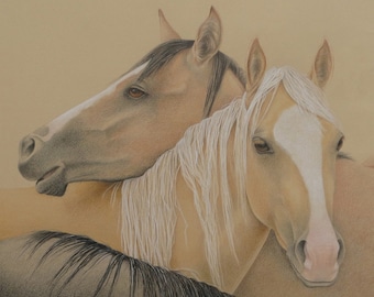 Custom Two Horse Portrait, Original, Hand Drawn, Colored Pencil Drawing, Equine Art, Horse Lover Gift, Memorial