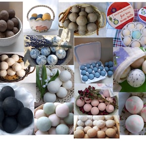 May include: A collage of various round soap balls in different colors and textures, including brown, white, blue, pink, and speckled varieties, displayed in bowls, baskets, egg cartons, and fabric pouches, with some sets featuring floral accents.