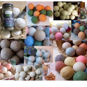 May include: A collage of various bath bombs in different colors and arrangements. Some are in baskets, others in jars, and some are loose. Colors include white, pink, blue, green, orange, and brown. A jar of thyme leaf is also visible.