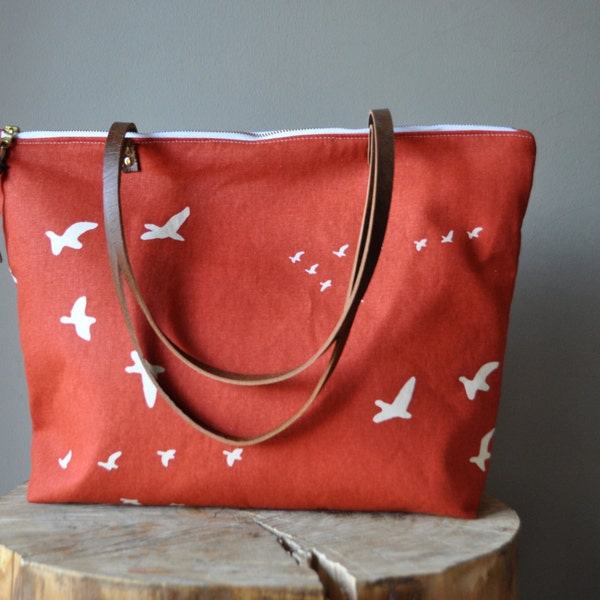 The Willow Tote in Paprika Organic Cotton Canvas Bird Print - Market Tote with Leather Straps