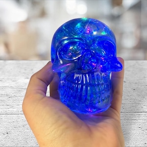 May include: A blue, translucent skull ornament with internal LED lights. The skull is held in a hand and has a detailed skeletal structure. The lights create a glowing effect, enhancing the skull's features.