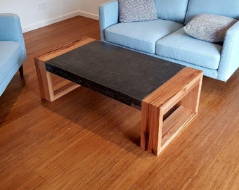 Concrete and timber coffee table 1.2 x 600mm, Vic Ash hardwood unique loop end base.