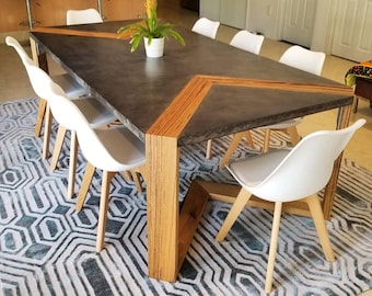 Bespoke, handmade custom concrete dining table with feature V design inlay 8 to 10 seater 2.4m polished concrete dining or patio furniture.