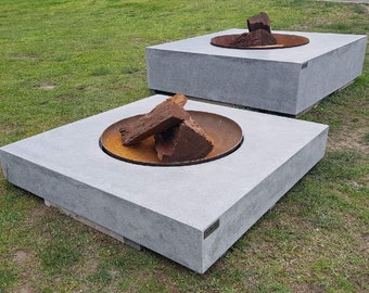 Fire pit, large, unique, custom handmade real concrete fire pit with rust metal bowl.