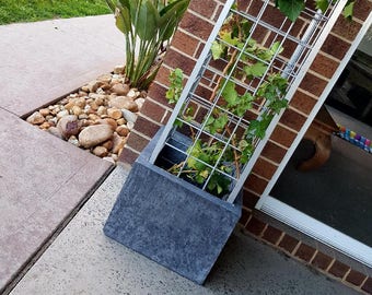 Black trellis vertical garden, polished concrete planter; large rectangular garden, patio balcony or outdoor planter box