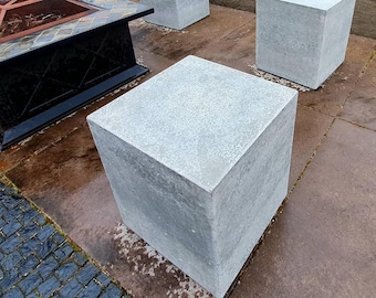Concrete outdoor cube seats or stools, fire pit seating - unique stone furniture, industrial, pool ottomans