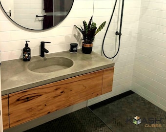 Floating polished concrete vanity, round basin custom handmade real concrete bathroom or ensuite with hardwood cabinetry and single drawer