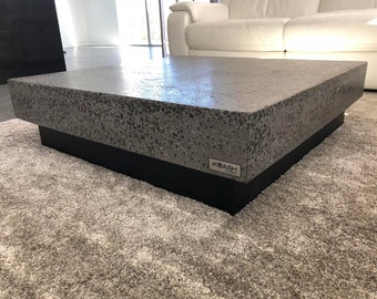 Concrete coffee table exposed aggregate 1 x 1m modern, bespoke polished concrete handmade coffee table with timber base