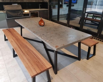 2.7m 12 seater exposed aggregate concrete dining table with unique steel base. Handmade custom, indoor or outdoor patio or dining furniture.