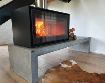 Concrete fire hearth 1.8m, open fire stand, fire plinth, fireplace stand. Custom handmade polished floating hearth bench.