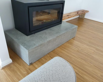 Concrete fire hearth 1.5m, open fire stand, fire pit. Custom hand made polished floating hearth bench.