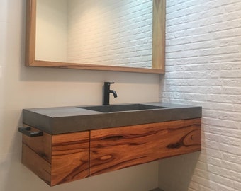 Floating polished concrete charcoal vanity, custom handmade real concrete bathroom or ensuite with hardwood cabinetry and single drawer