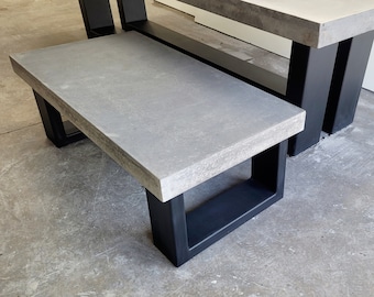 Industrial hand made, bespoke polished concrete and powder coated black steel coffee table.