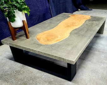 Huge 1.65m x 1m Cedar coffee table, live edge in polished concrete table. Bespoke, one-off handmade custom coffee table, steel base