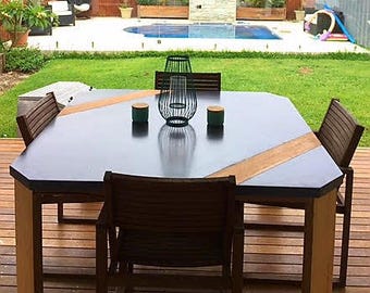 Square concrete dining table handmade, 8 seater bespoke table with custom timber base and feature top, concrete patio outdoor/indoor.